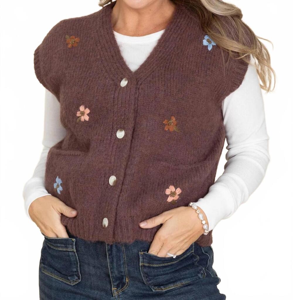 NEW WISHLIST brushed floral embroidered vest in mauve